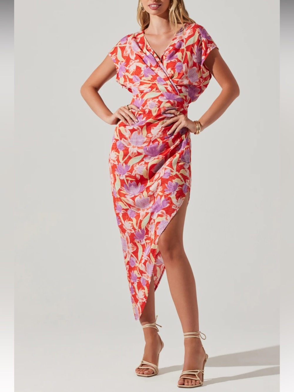 ASTR The Label Rialto red with purple floral asymmetrical Midi Dress-small